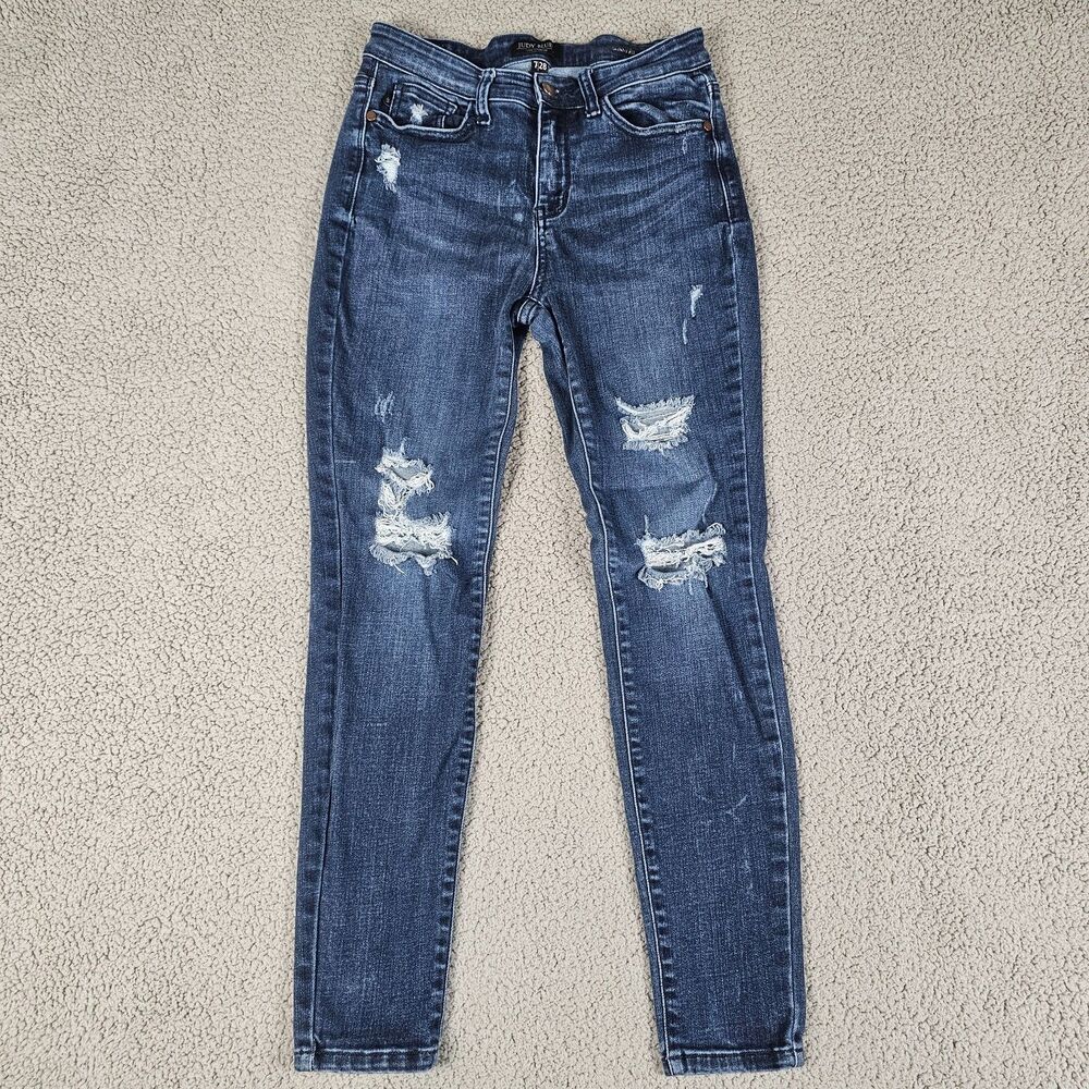 Judy Blue Jeans Womens 7/28 Skinny Fit Stretch Tummy Control Distress Dark Wash - Picture 2 of 15